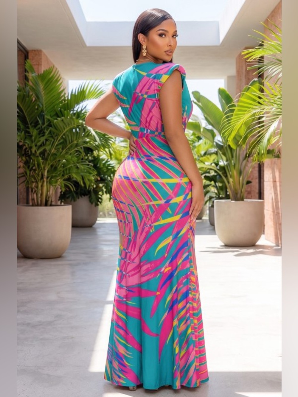 Tropical Teal & Pink Printed Maxi Dress with Tie Waist - Picture 2 of 4